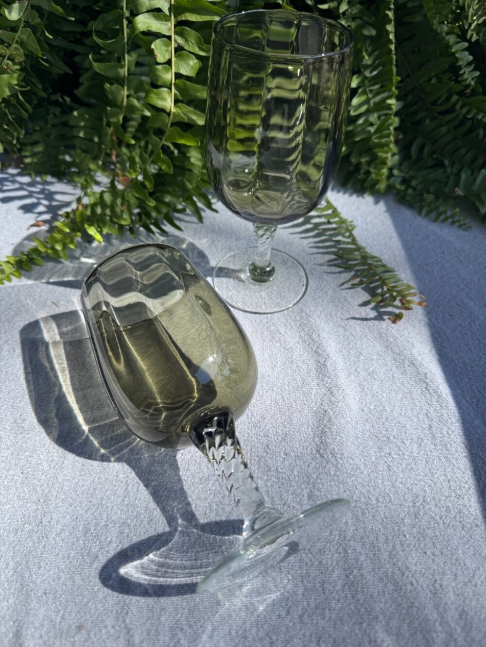 Set of 2 Vintage Italian Olive Green Goblets, Hand-Blown Twisted Stem Wine Glass